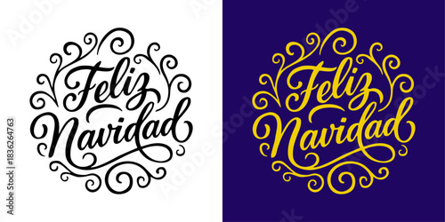 Logo de Navidad. Grupo de mensajes en español Feliz Navidad con florituras de adorno para tarjetas y felicitaciones 