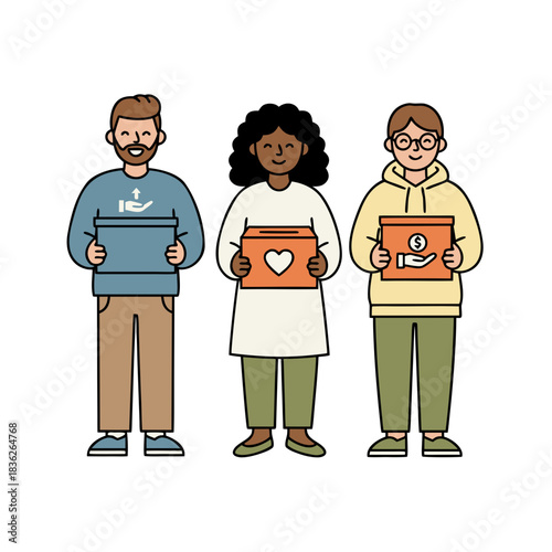 Three diverse individuals holding donation boxes a symbol of charity and community support against a plain black background