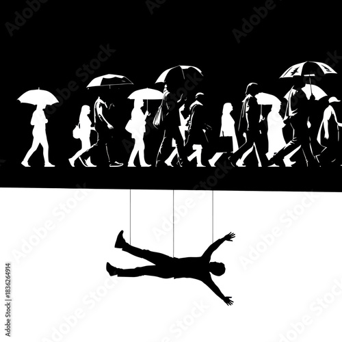 Man Falling Suspended by Strings Above City Crowd.