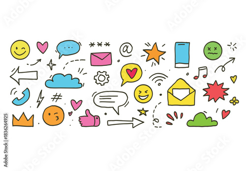 Funky hand-drawn social media doodle icon set. A trendy vector collection of cute emojis, likes, hearts, and chat elements for modern digital communication and online content.