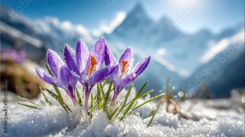Vibrant purple blossoms emerge through fresh snow against a backdrop of majestic icy peaks