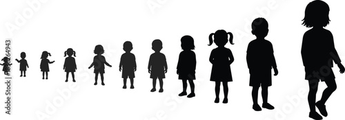 Child growth silhouette, stages of childhood, aging concept, development timeline, black figures, posture evolution, grayscale 