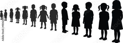 Children silhouettes, growth stages, age progression, development concept, standing pose, ponytail variation, childhood timeline, black figures