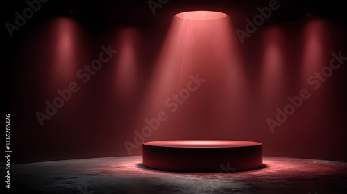 Red studio background. Abstract limbo podium studio room. Dark red gradient wall floor and spotlight scene. Showcase, promotion display. Mockup illustration New year, Christmas design