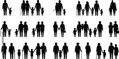 Family silhouettes, generations, grandparents, parents, children, walking, cane, diversity, unity, bonding, support, black figures, white background, concept art, relationships, caregiving,