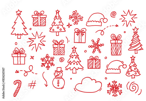 Trendy hand-drawn Christmas doodle icon set. Festive red sketches of trees, gifts, and snowflakes. Cute holiday vector illustration for modern winter designs. Perfect for cards and social media.