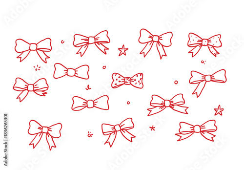 Aesthetic set of red doodle bows. Cute hand-drawn vector elements for festive holiday, Christmas, or party decoration. Minimalist outline illustration for gift and celebration design.