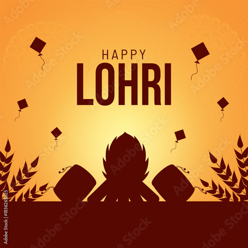 Happy Lohri social media post design with Bonfire and dhol, kites and wheat silhouette vector illustration.