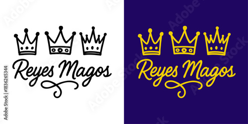 Logo de Navidad. Texto manuscrito en español Reyes Magos con dibujo con líneas de tres coronas para tarjetas y felicitaciones 