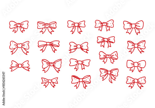 Chic set of red outline bows. This trendy, hand-drawn doodle collection adds a festive, handmade vibe to any project. Perfect vector illustration for gifts, holidays, and celebrations.