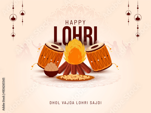 Happy Lohri social media post design with Bonfire, sweets, dhol and peanuts vector illustration.