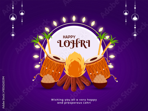 Happy Lohri social media post design with Bonfire, sweets, dhol and peanuts vector illustration.