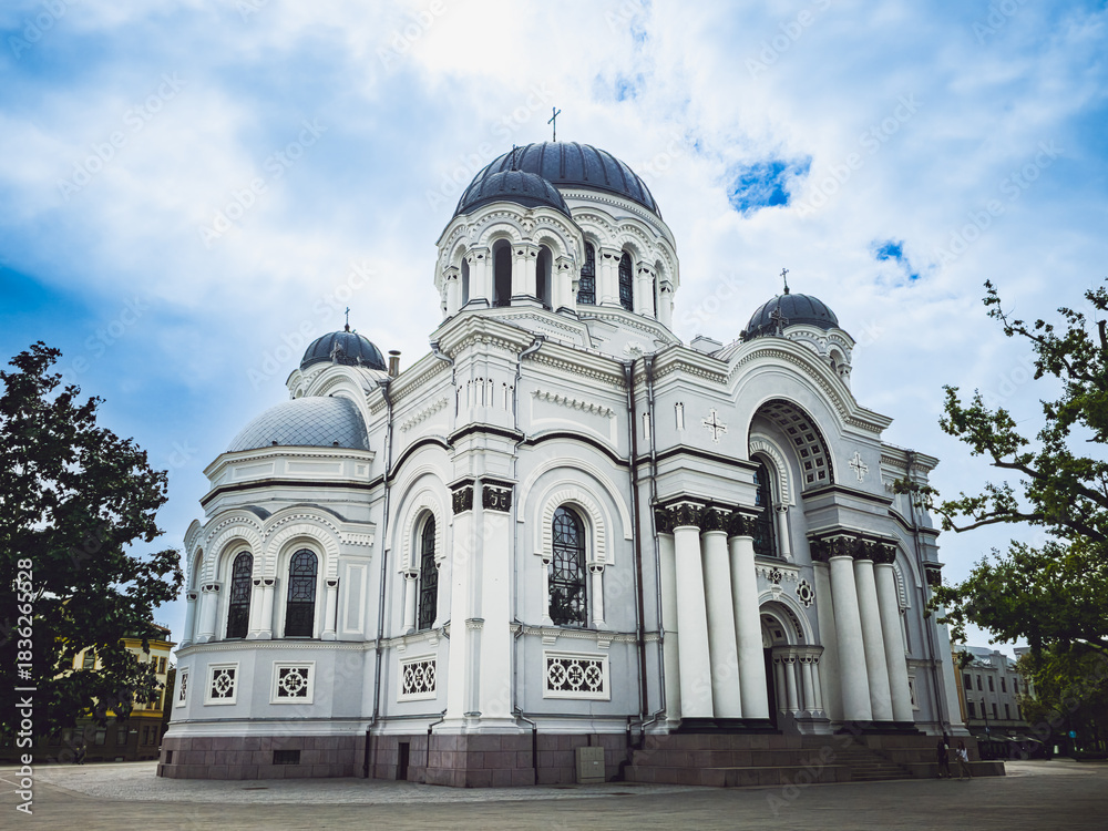 Obraz premium St. Michael the Archangel Church, Kaunas, Lithuania, right side view, August 17, 2025