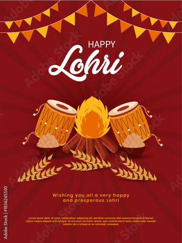 Happy Lohri social media post design with Bonfire, sweets, dhol and peanuts vector illustration. 