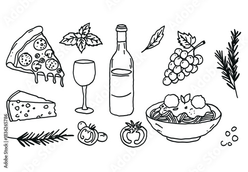 Trendy hand-drawn doodle set of Italian food icons. Minimalist line art with pizza, pasta, and wine. Perfect vector collection for modern foodie branding, menus, or aesthetic culinary designs.