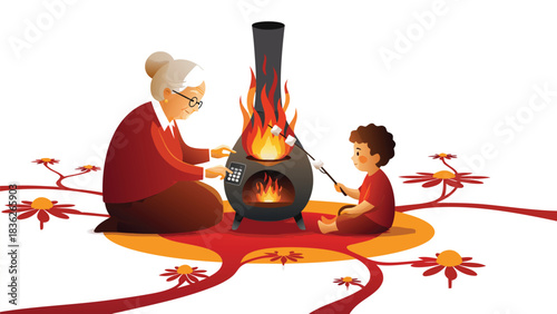 Modern M?ori kuia using smart k?rero speaker sharing whakapapa in vector style. Features vibrant and dynamic palette. cultural projects, website backgrounds, presentation templates, branding m...