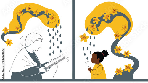 Vector illustration with vector aesthetic. Punjabi dadi using smart tandoor oven with biracial (Wh. tandoor-turmeric color scheme. Perfect for website backgrounds, presentation templates, bran...