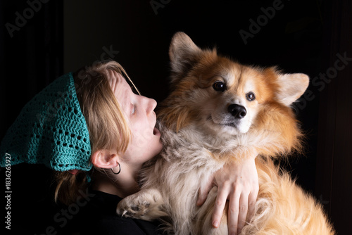 girl and dog corgi