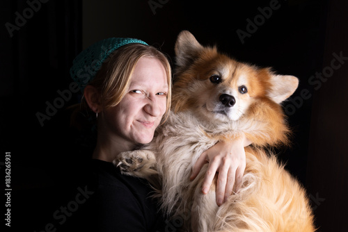girl and dog corgi