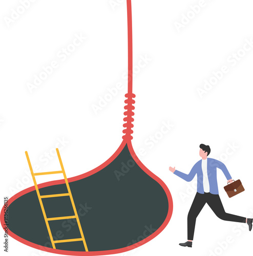 People fall into temptation, traps or hoaxes, and businessmen run down the stairs into the trap
