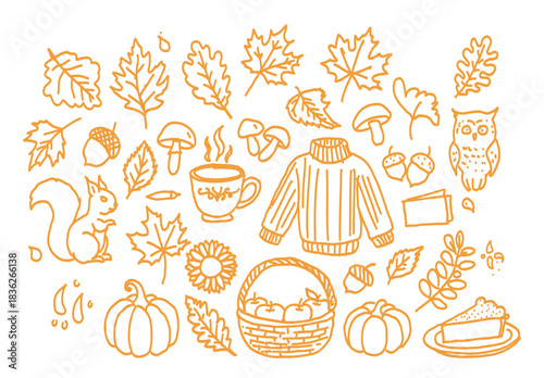Cozy autumn doodle set. Hand-drawn vector icons of fall essentials like pumpkins, sweaters, and leaves. Perfect for seasonal designs, stickers, and greeting cards. Hygge vibes.