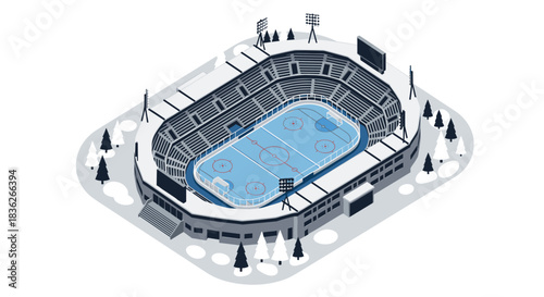 Isometric illustration of a modern outdoor ice hockey stadium with winter landscape design