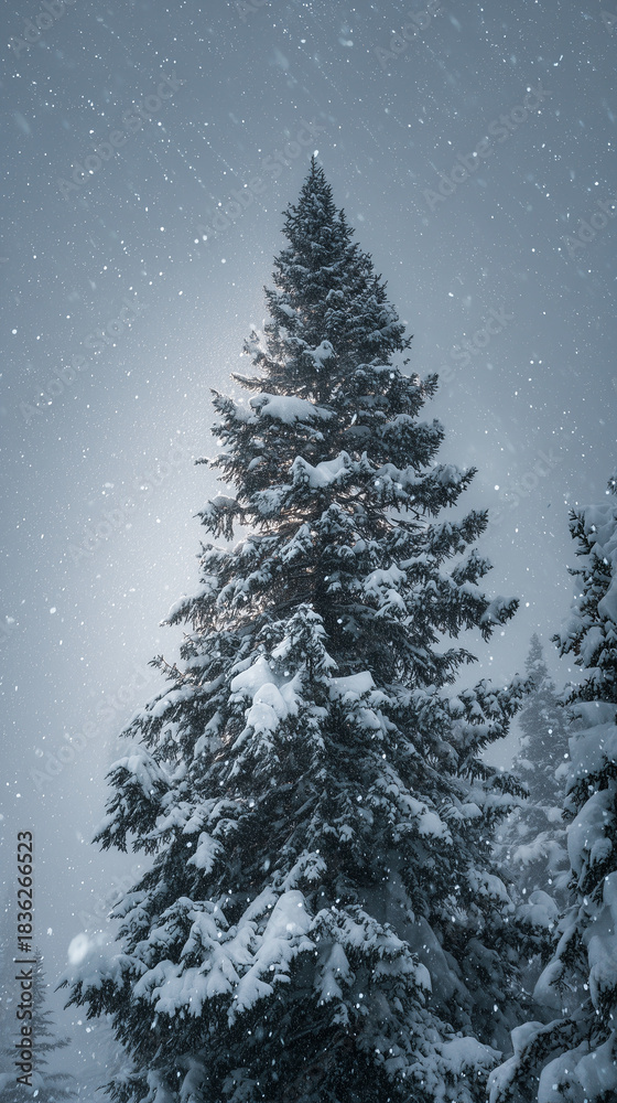 Obraz premium christmas tree in snow, snowy pine forest, winter falling snow, quiet frosty evergreen