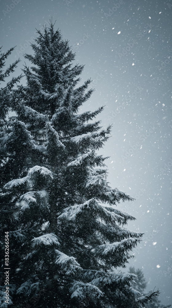 Obraz premium christmas tree in snow, snowy pine forest, winter falling snow, quiet frosty evergreen