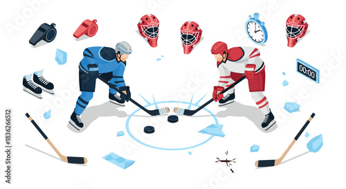 Ice hockey faceoff scene with players, equipment, and timekeeping elements - perfect for sports illustrations and event promotions