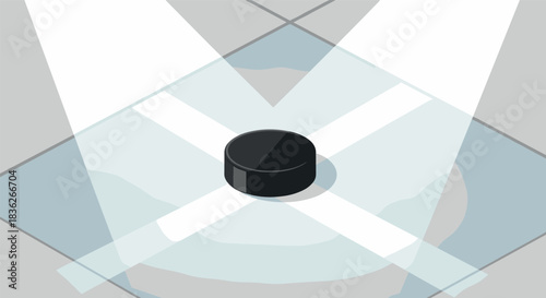 Hockey puck on ice under spotlight for sports design and illustration