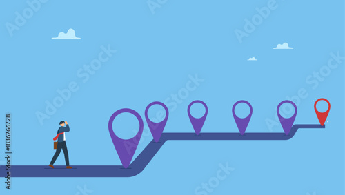 Businessman look at achievement milestone to success. Success roadmap journey, milestone or career path achievement, route or pathway to achieve goals, accomplishment, assessment or way to success.