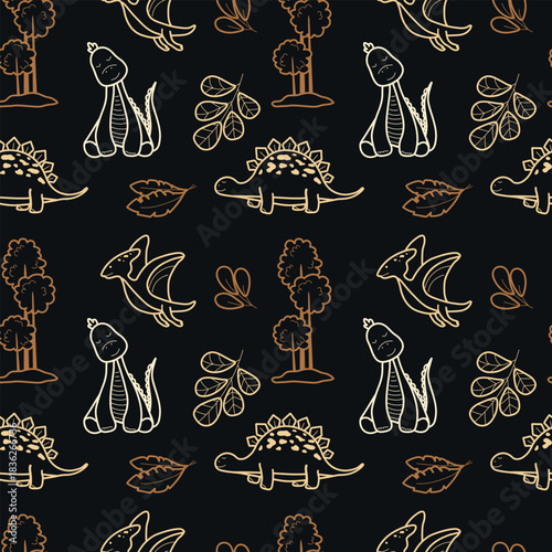 Seamless dinosaur pattern with hand-drawn outlines of dinosaurs, trees, and leaves in beige and brown tones on a dark background