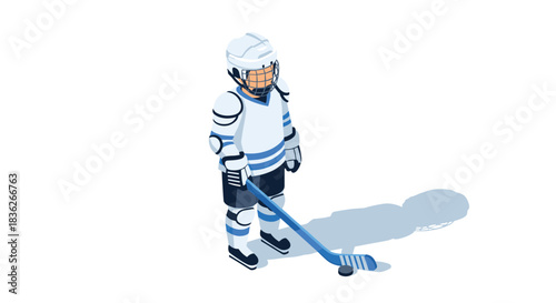 Isometric illustration of a hockey player in blue and white uniform for sports poster design