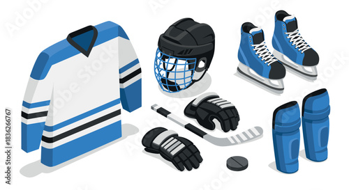 Ice hockey equipment set with jersey and gear for sport enthusiasts
