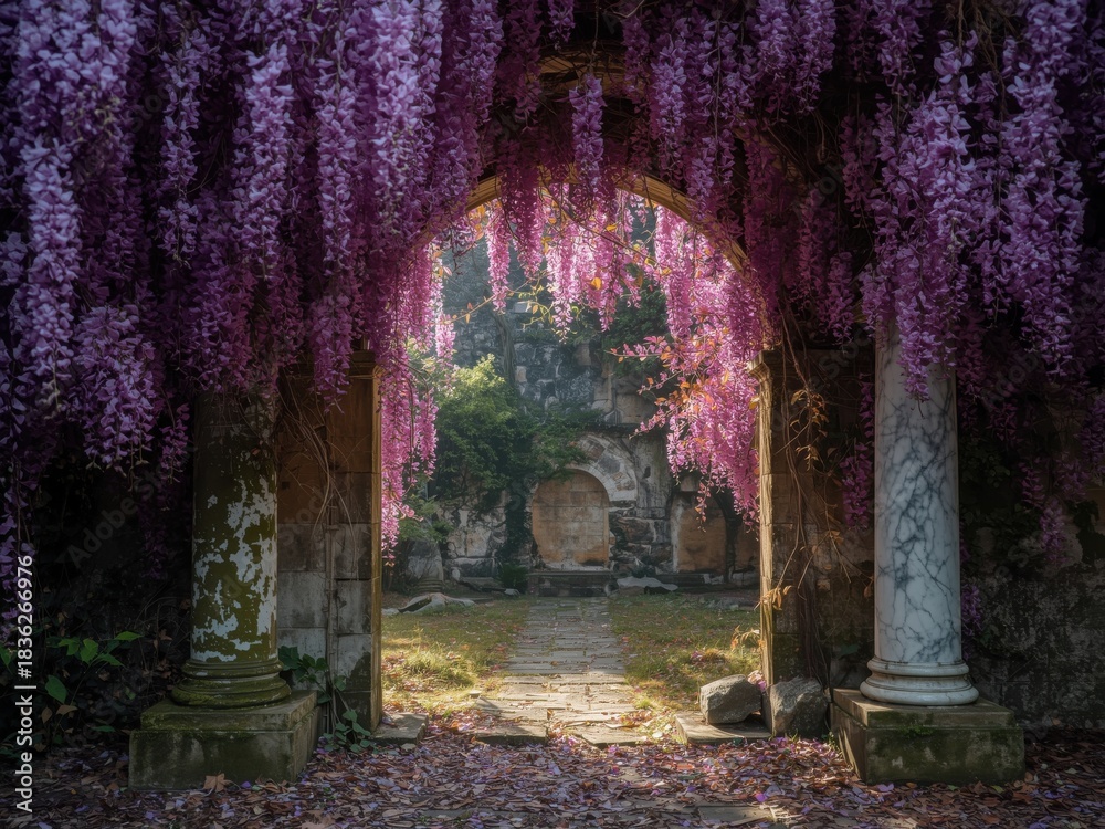 Fototapeta premium Magical garden entrance framed by cascading purple wisteria blooms in ancient ruins