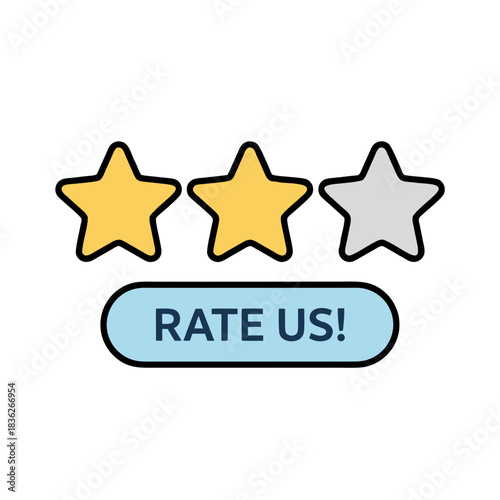 Three star rating with two gold stars and one silver star next to a light blue button with white text that says Rate Us flat vector art
