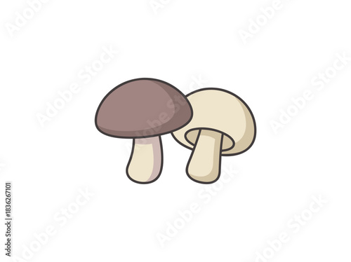Two Cartoon Mushrooms One Brown One White with Cream Stems on a Black Background