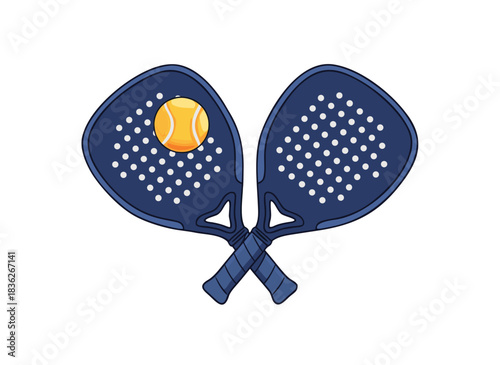 Two Dark Blue Crossed Padel Rackets With Yellow Ball Above On Black Background Minimalist Flat Design Sport Illustration