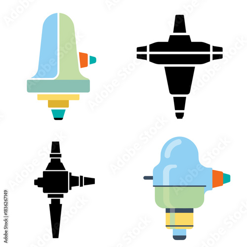Irrigation drip emitter icons set in four styles for irrigation systems water-saving technology garden equipment drip irrigation components, isolated