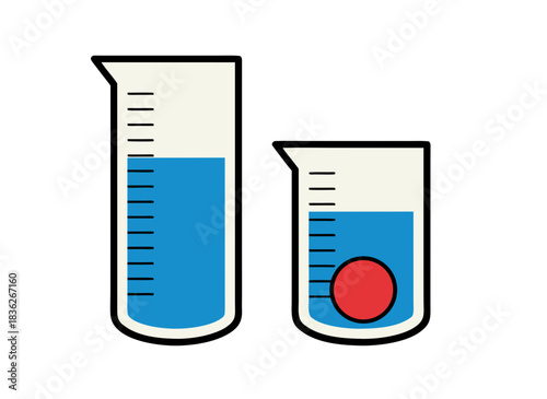 Two Glass Beakers One Tall and One Short Containing Blue Liquid with a Red Sphere in the Shorter Beaker on a Black Background