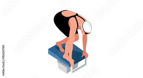 Female swimmer prepares for dive on starting block in competitive swimwear