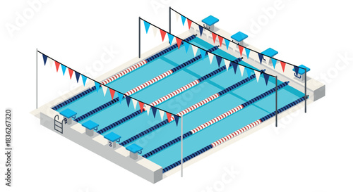 Isometric swimming pool with lanes and flags for sports design and competition theme
