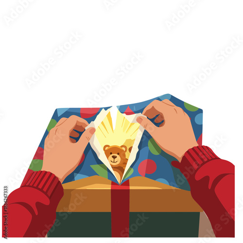 Hands tearing festive wrapping paper from a surprise gift box, revealing a glowing teddy bear bathed in cinematic light from within