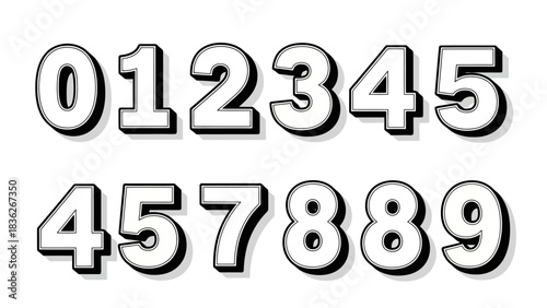 A complete collection of bold white numbers from zero to nine, featuring a black outline and a drop shadow for a 3D effect, isolated on a white background