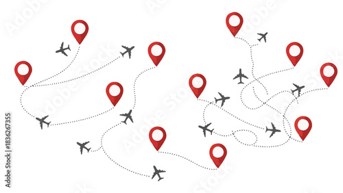 Concept of global air travel logistics showing direct and convoluted journeys with airplane icons and map pointers
