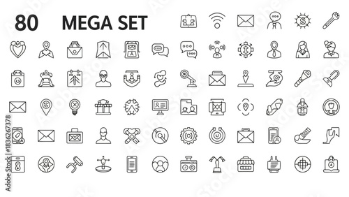 A comprehensive collection of 80 thin line icons representing concepts in business, technology, and communication for web and app design