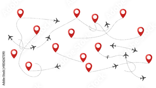 Travel Network Airplane Routes Connecting Locations with Red Pinpoint Markers and Flight Paths