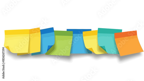 A vibrant row of blank sticky notes in various colors, ideal for capturing ideas, reminders, and important messages or for creative brainstorming sessions and project planning