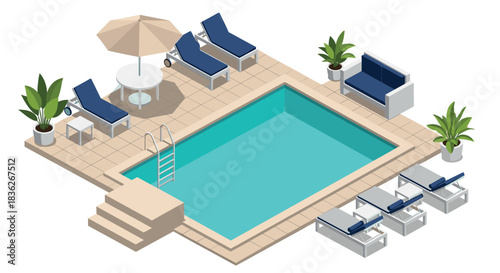 Isometric poolside relaxation scene with lounge chairs and umbrella for summer design