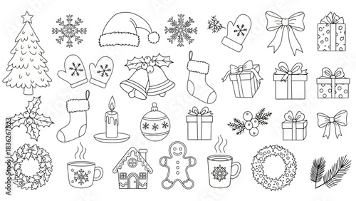 Festive Winter Holiday Outline Icons for Christmas and New Year Designs